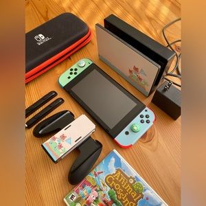 Nintendo Switch Console Blue and Red Joy-Con Animal Crossing Decal And Game